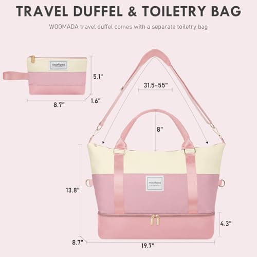 WOOMADA Weekender Bags for Women, Carry On Overnight Bag with Toiletry Bag, Personal Item Travel Duffel for Travel, Sports, Hospital(Beige&Pink) - Thumbnail 2