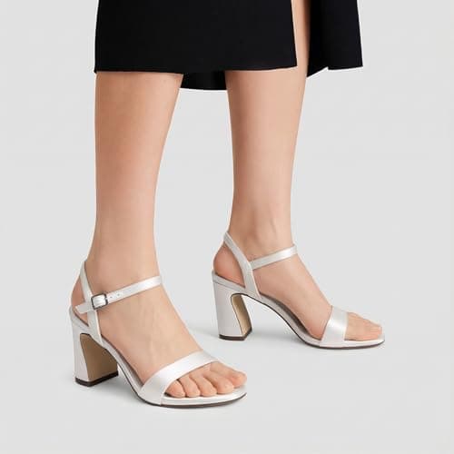 XMWEALTHY White Chunky High Heels for Women 3-Inch Comfortable Open Toe Wedding Bridal Heels Ankle Strap Summer Dressy Party Heeled Sandals Size 6 - Thumbnail 6