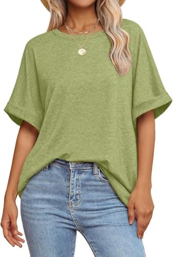 GKBK Womens Oversized T Shirts Crew Neck Short Sleeve Tops Spring Summer Business Dressy Casual Loose Fit Workout Work Basic Tee Shirt 2026 Beach Vacation Trendy Fashion Clothes Outfit Army Green M - Image 1