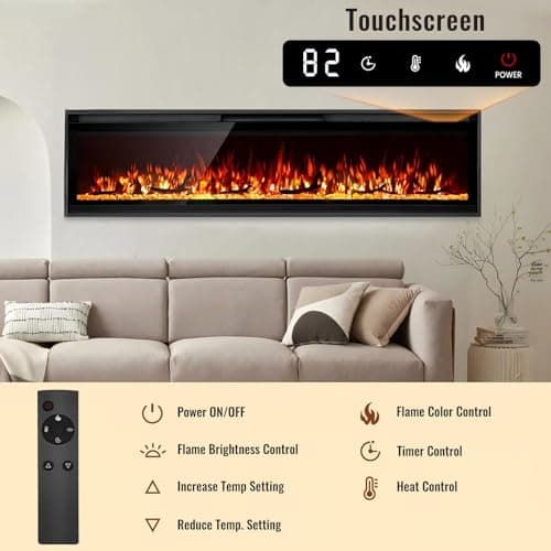 TUAN Electric Fireplace Inserts, Ultra Thin Wall Mounted Fireplace with Remote Control, Multicolor Realistic Flame, Touch Screen, Thermostat, Timer, 750w/1500w (Log & Crystal Included) (60 inch) - Thumbnail 3