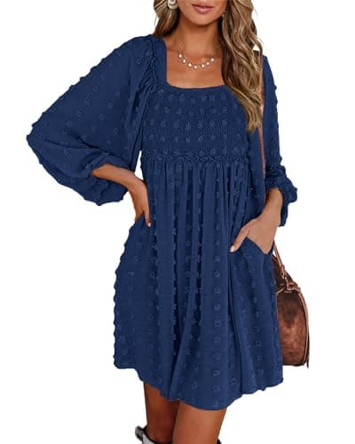 BTFBM Womens Long Sleeve Dress Vacation Square Neck Smocked Floral Swiss Dot Mini Boho Spring Wedding Guest Dresses 2026(Swiss Dot Navy, Small) - Image 1