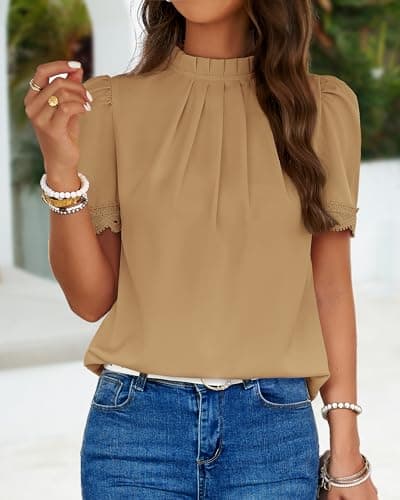 BTFBM Women's Dressy Casual Blouses Business Work Tops Lace Trim Short Sleeve Office Shirts 2025 Summer Spring Outfits(Light Khaki, Large) - Thumbnail 2