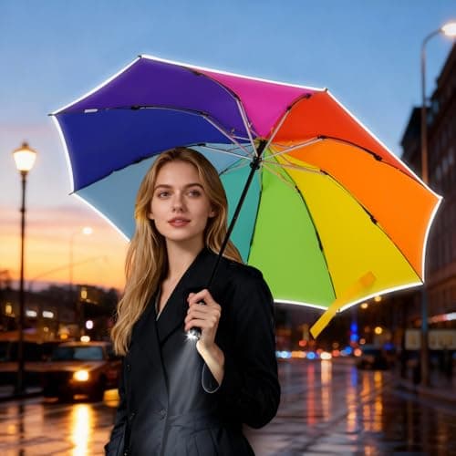 Lejorain Inverted Rainbow LED Umbrella - Folding Reverse Automatic Travel Umbrellas Compact for Rain Windproof Women - Portable Upside Down Collapsible Reflective Umbrella - Thumbnail 3