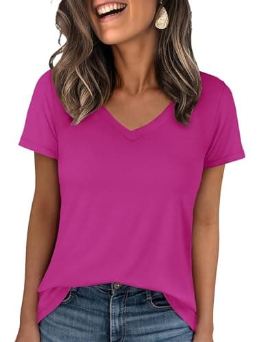 ANRABESS Womens Short Sleeve Tops Casual V Neck Wrinkle - Free Basic T Shirts Summer Cute Tee 2026 Spring Fashion Clothes Hot Pink XX-Large - Image 1