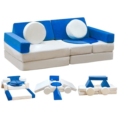 Stmoze 13PCS Modular Kids Play Couch, Kids Couch with Washable Velvet Cover, 5 Seconds Instant Expansion,Convertible Foam and Floor Cushion for Nursery Playroom, Blue & Beige - Image 1