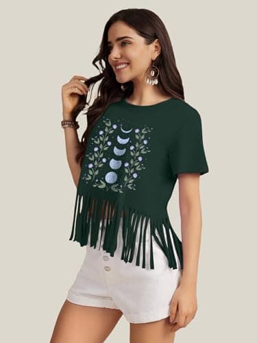 Graphic Tees for Women Flowers Shirt Casual Summer Boho Floral T Shirt Fringe Top Aesthetic Flowers Moon T-Shirt - Thumbnail 2