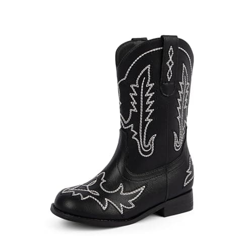 Modatope Toddler Cowboy Boots Black Cowgirl Boots for Boys Pull On Round Toe Cowboy Cowgirl Dress Boot Mid Calf Western Toddler Big Kid Unisex Child Horse Riding Daily Wear Big Kid 4 - Image 1