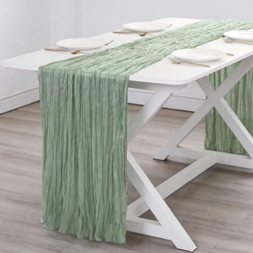 QPOR Green Cheesecloth Table Runner Boho Rustic Gauze Dusty Green Farmhouse 120 inch 10FT Cheese Cloth Runner for Wedding Party Baby Shower Birthday Holiday Home Decor - Image 1