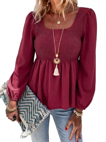 HEYTALALA Womens Peplum Tops Square Neck Smocked Puff Long Sleeve Blouses Babydoll Shirts 2025 Fall Dressy Casual Clothes Wine Red L - Image 1