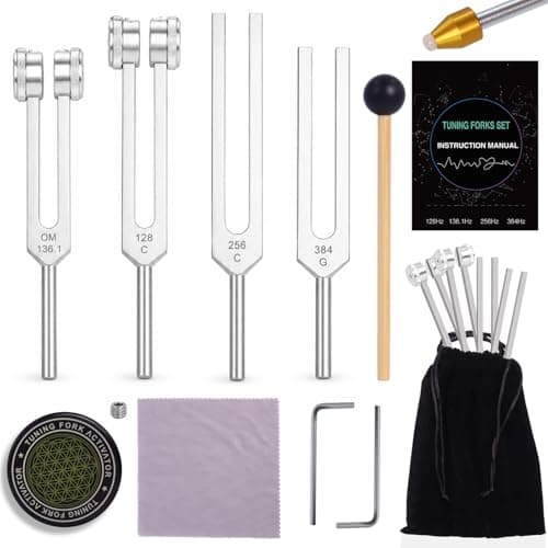 Tuning Forks for Healing Set – 128Hz 136.1Hz 256Hz 384Hz Weighted & Unweighted Sound Healing Tuning Forks for Chakra Balancing, Meditation, Yoga & Relaxation with Activator, Gem Feet & Storage Pouch