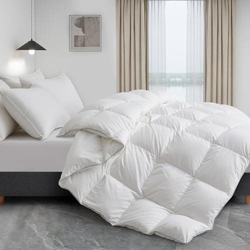ALPSWAN Goose Feather Down Fiber Comforter Queen Size, White Polyester Cotton Duvet Insert, All Season Medium Warmth Fluffy Bedding Comforter (White, Queen)