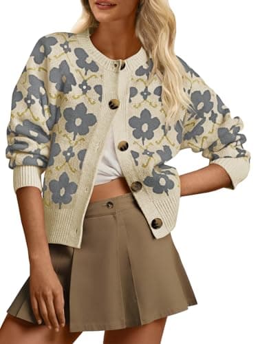 Saodimallsu Womens Floral Cardigan Sweaters Long Sleeve Open Front Button Down Knit Sweater Coat Outwear Fall 2025 Grey - Image 1