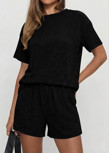 KIRUNDO Two Piece Sets for Women Dressy Casual Ribbed Knit Short Sleeve Top Matching Shorts Lounge Set 2026 Summer Outfits(Black, Medium) - Thumbnail 5