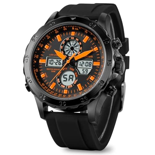 PINDOWS Watches for Men, 30M Waterproof Military Digital Analog Outdoor Sport Watch Multifunctional Wristwatch with Dual Time LED Backlight Alarm Stopwatch Calendar - Image 1