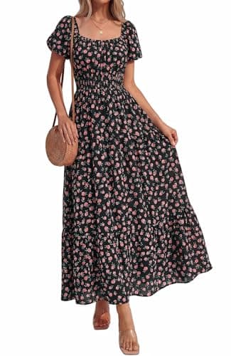 BTFBM Summer Dress for Women 2026 Spring Floral Short Sleeve Casual Flowy A-Line Smocked Tiered Maxi Dresses Pockets(Floral Black Pink, Medium) - Image 1