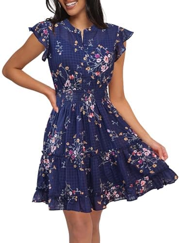 Caracilia Women Summer Casual Floral Flutter Short Sleeve A-Line Flowy Lined Boho Wedding Guest Tea Party Vacation Dresses Floral Navy Blue Large - Image 1