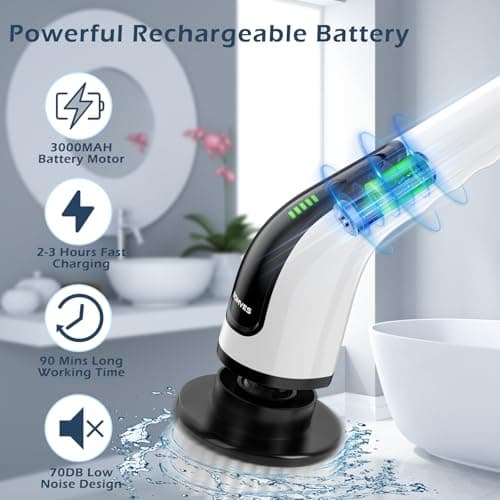 Bomves Electric Spin Scrubber, Cordless Cleaning Brush Scrubber for Home, 8 Replaceable Brush Heads-90Mins Work Time, 3 Adjustable Size, 2 Speeds for Bathroom Shower Bathtub Glass Car - Thumbnail 3