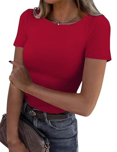 GKBK Womens Short Sleeve Shirts Crew Neck Ribbed Fitted Tight Shirts Layering Top Basic Tee Tshirts Cute Summer Tops Casual Spring Clothes Outfits 2026 Trendy Red - Image 1