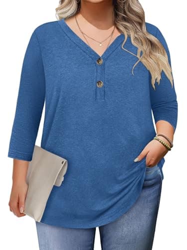 Womens Tops Summer Spring Fashion Clothing Plus Size Clothes for Women Blouses 3/4 Length Sleeve Oversized Tshirts Button Down Henley Shirts Tunics Business Casual Vacation Cruise Essentials Outfits - Image 1