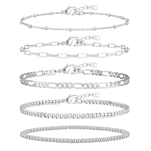 adoyi Silver Bracelets for Women, 14K Gold Plated Stackable Bracelet Stack Set Adjustable Charm Paperclip Chain Cuban Link Layered Waterproof Jewelry Gifts for Womens 6.8 Inch - Image 1