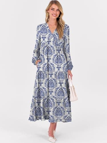 ANRABESS Womens Long Sleeve Boho Maxi Dress 2026 Fall V Neck Floral Striped Casual Loose Fit Beach Vacation Dresses Blue Khaki Large - Thumbnail 2