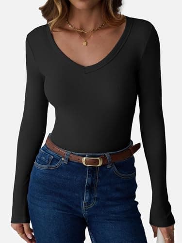 GKBK Women Long Sleeve V Neck Ribbed Knit Slim Fitted Shirts Basic Tee Cute Tshirts Going Out Tops 2025 Fall Winter Casual T Shirts Blouse Outfits Work Fashion Trendy Clothes Black XS - Thumbnail 2
