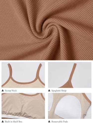 GKBK Women's Sleeveless Built in Bra Tank Top Form Fitting Scoop Neck Ribbed Knit Basic Padded Cami Shirts Brown S - Thumbnail 6