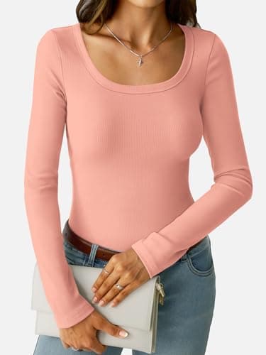 GKBK Long Sleeve Scoop Neck Tops for Women Ribbed Knit Slim Fitted Tight Basic Tee Shirts Lightweight Fall Sweaters 2025 Fashion Trendy Outfits Light Pink - Thumbnail 3