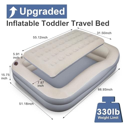 LOREINTA Inflatable Toddler Travel Bed – Portable Toddler Bed with Safety Bumpers, Toddler Floor Bed for Travel, Camping, Sleepovers – Kids Blow Up Bed with Pump & Carry Bag - Thumbnail 2