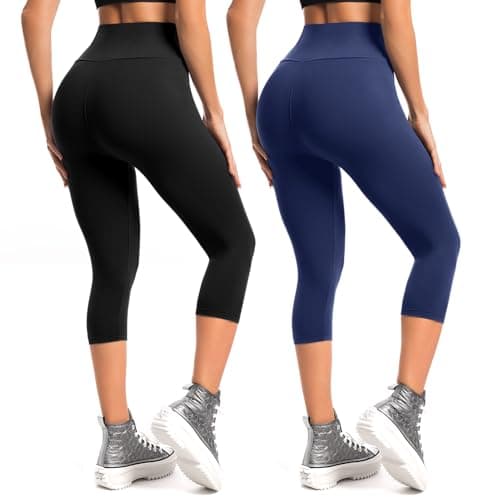 Leafigure 2-Pack Capri Leggings for Women, High Waisted Soft Yoga Pants for Gym Workout Black/NavyBlue S-M - Image 1