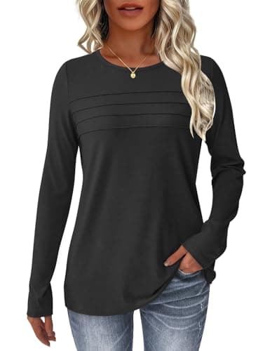 NORACORA Womens Tops Long Sleeve T Shirts Dressy Casual Spring Fall Outfits Pleated Front Shirts Round Neck Casual Tunic Basic Tee Tops Black XL - Image 1