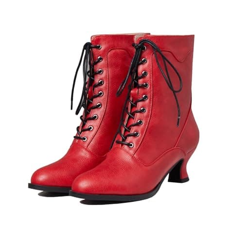 Yremael Women's Victorian Ankle Boots - Mid Calf, Round Toe, Chunky Heel, Lace Up Witch & Knight Boots in Red - Image 1