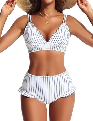 Hanna Nikole 2 Piece Bikini Set V Neck Swimsuit High Waisted 2026 Summer Beach Honeymoon Bathing Suits Gray Blue White Striped L - Image 1