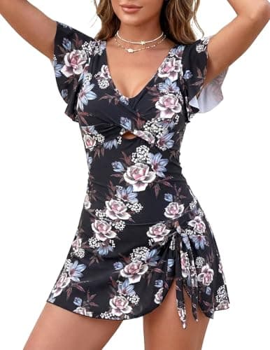 One Piece Swimdress Swimsuit for Women Tummy Control Ruffle Swim Dress Skirt Criss Cross Tie Back Bathing Suit Black Ink Flower 2XL - Image 1