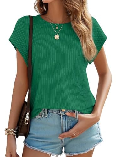 JUSTFASHIONNOW Womens Short Sleeve Blouses Business Casual Tops Crew Neck Basic Tees Textured Work Shirts Cute Office Outfits(Green,M) - Image 1