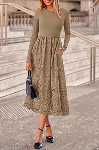 dowerme Women Spring Dresses 2026 Casual Long Sleeve Crewneck A-Line Boho Eyelet Cotton Maxi Wedding Guest Dress Pockets(Khaki,XX-Large) - Thumbnail 6
