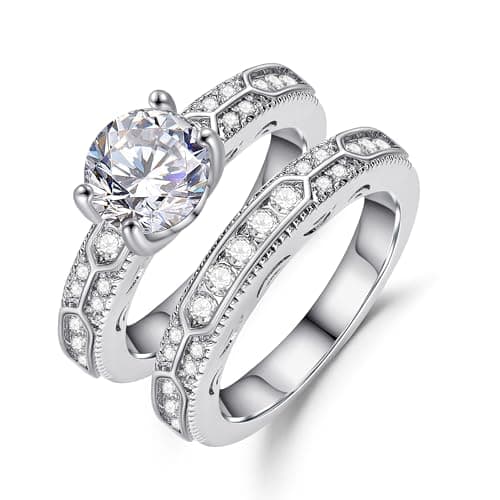Fimewon Wedding Rings for Couples Engagement Ring Set Vintage White Gold Ring Engagement Gifts for Couples Size 6 - Image 1