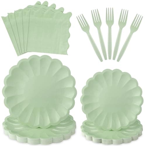 96 Pcs Sage Green Paper Plates and Napkins Party Supplies Serve 24 Guests Include Scalloped Dinner Plate 9.5", Dessert Plate 7.5", Napkins Plastic Forks for Baby Bridal Shower Wedding Birthday - Image 1