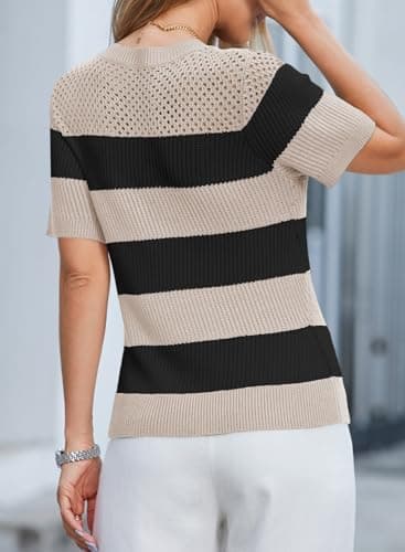 Dokotoo Summer Tops for Women Fashion Striped Short Sleeve Shirts 2025 Cute Color Block Round Neck Knitted Top Blouses Womens Casual Spring T Shirts Black X-Large - Thumbnail 2