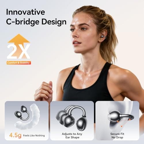 Kinglucky ClipFree A20 Open-Ear Earbuds, Secure & Comfort Fit, Premium Sound Clip-On Earbuds with Digital Display, 45H Playtime Bluetooth 6.0 Wireless Headphones, IP55 Waterproof for Running, Black - Thumbnail 3