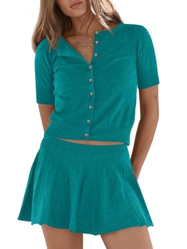 Wenrine Womens Sweater 2 Piece Sets Casual Short Sleeves Cardigan A-Line Flared Mini Skirt Outfits Workout Lounge Matching Sets Green