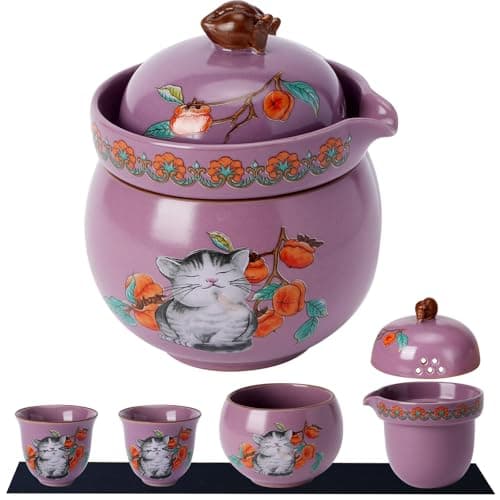 Mini Tea Cups,Cute Lucky Cat Cups,Small Tea Mugs,Porcelain Gongfu Tea set with 3 in 1,Tea Sets for Adults,Ceramic Tea Infuser Cup for Loose Leaf for Women/Tea Lovers/Birthday/Valentine's Day (Purple) - Image 1