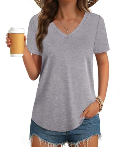 GKBK Womens 100% Cotton Tops V Neck Short Sleeve Tshirts Summer Trendy Basic Solid Tee Shirt Grey M - Image 1
