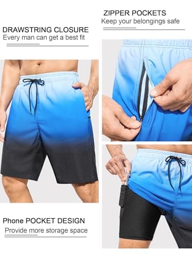 SILKWORLD Mens Swimming Trunks with Compression Liner 2 in 1 Quick-Dry Bathing Suits with Zipper Pockets, Gradient-Blue Black, X-Large - Thumbnail 4