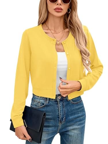 Heymoments Women Cropped Cardigan Bolero Shrug Yellow Large Button Down Long Sleeve Crewneck Casual Business Ladies Open Front Knit Lightweight Coat Fall Tops Sweater for Dresses Jean - Image 1