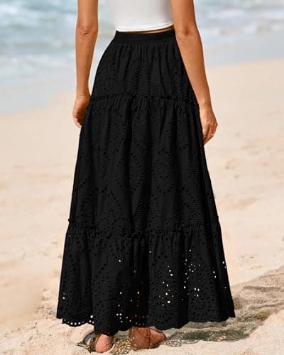 BTFBM Boho Long Skirts for Women Spring Summer 2026 Lace Embroidery High Waist Flowy Tiered Maxi Skirt Beach Vacation(Black, Small) - Thumbnail 3