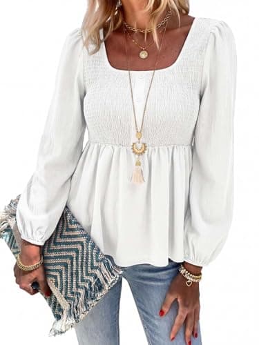 HEYTALALA Womens Peplum Tops Square Neck Smocked Puff Long Sleeve Blouses Babydoll Shirts 2025 Fall Dressy Casual Clothes White XL - Image 1