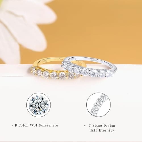 SILVERNANA 0.7ct 7-Stone Moissanite Wedding Band for Women Yellow Gold Plated Sterling Silver Half Eternity Stackable Ring, Promise Band for Her Size 6.5 - Thumbnail 2