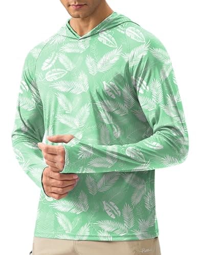 Pudolla Men's Sun Protection Hoodie Shirts UPF 50+ Rash Guard SPF Long Sleeve Fishing Shirt for Men Swim Hiking Boating(Green Leaves Small) - Image 1