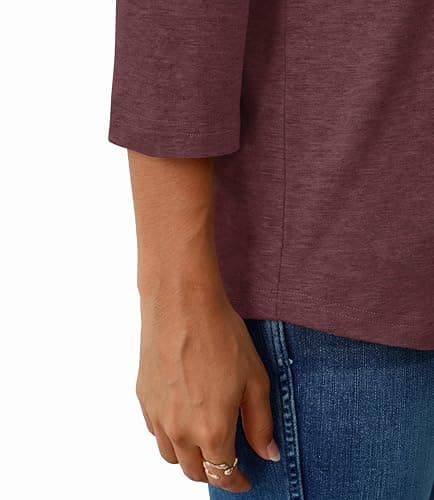 GKBK Womens Tops 3/4 Sleeve Shirts Round Neck Casual Blouses Basic Loose Fit Pullover Tshirts Wine Red XL - Thumbnail 3